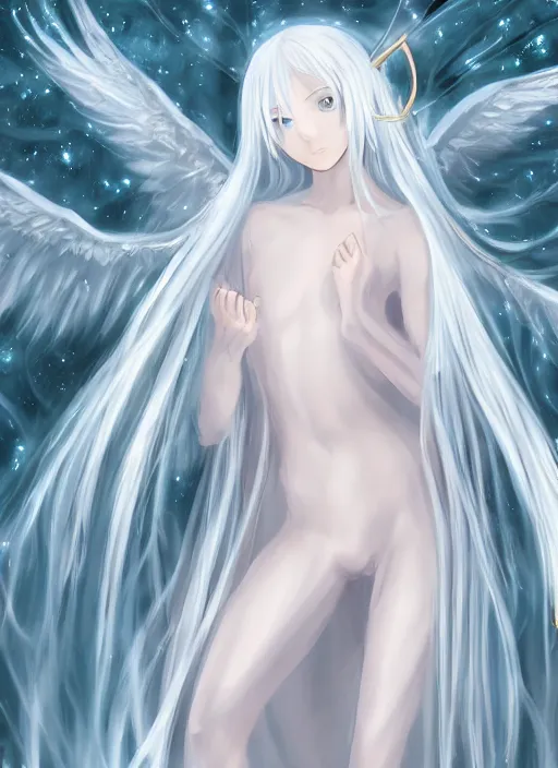 Prompt: thin angel with silver hair so pale and wan!, wearing robes, covered in robes, anime goddess manga, flowing hair, pale skin, young cute face, covered!!, clothed! oil on canvas, 4 k resolution, aesthetic!, mystery