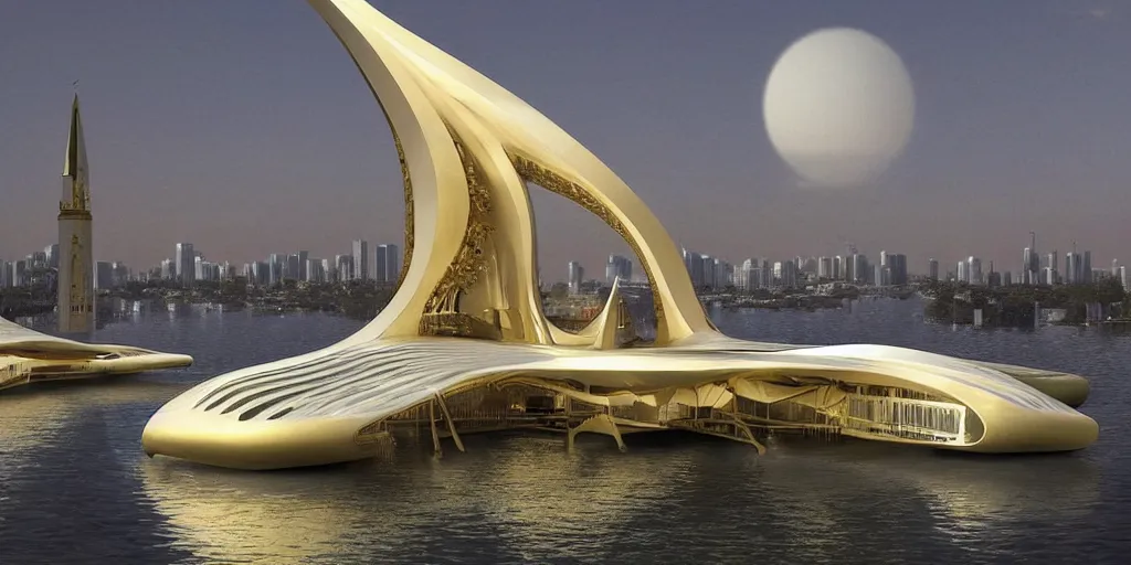 Image similar to mosque floating spaceship by zaha hadid, golds fantasy world