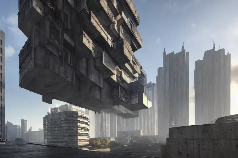 Image similar to streetscape, a towering cathedral of brutalist architecture, buildings covered with greebles, stunning volumetric light, sunset, metal, concrete and translucent material, stunning skies, majestic landscape, trending on Artstation, 8k, photorealistic, hyper detailed, unreal engine 5, IMAX quality, cinematic, epic lighting, in the style of Greg Rutkowski