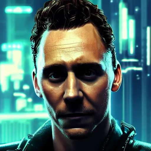 Prompt: tom hiddleston portrait, Cyberpunk 2077, cyberpsycho, photorealistic, ultra detailed, neon, octane, bokeh, cyber, cyberpunk city, feature, scars, cyberface, 8k