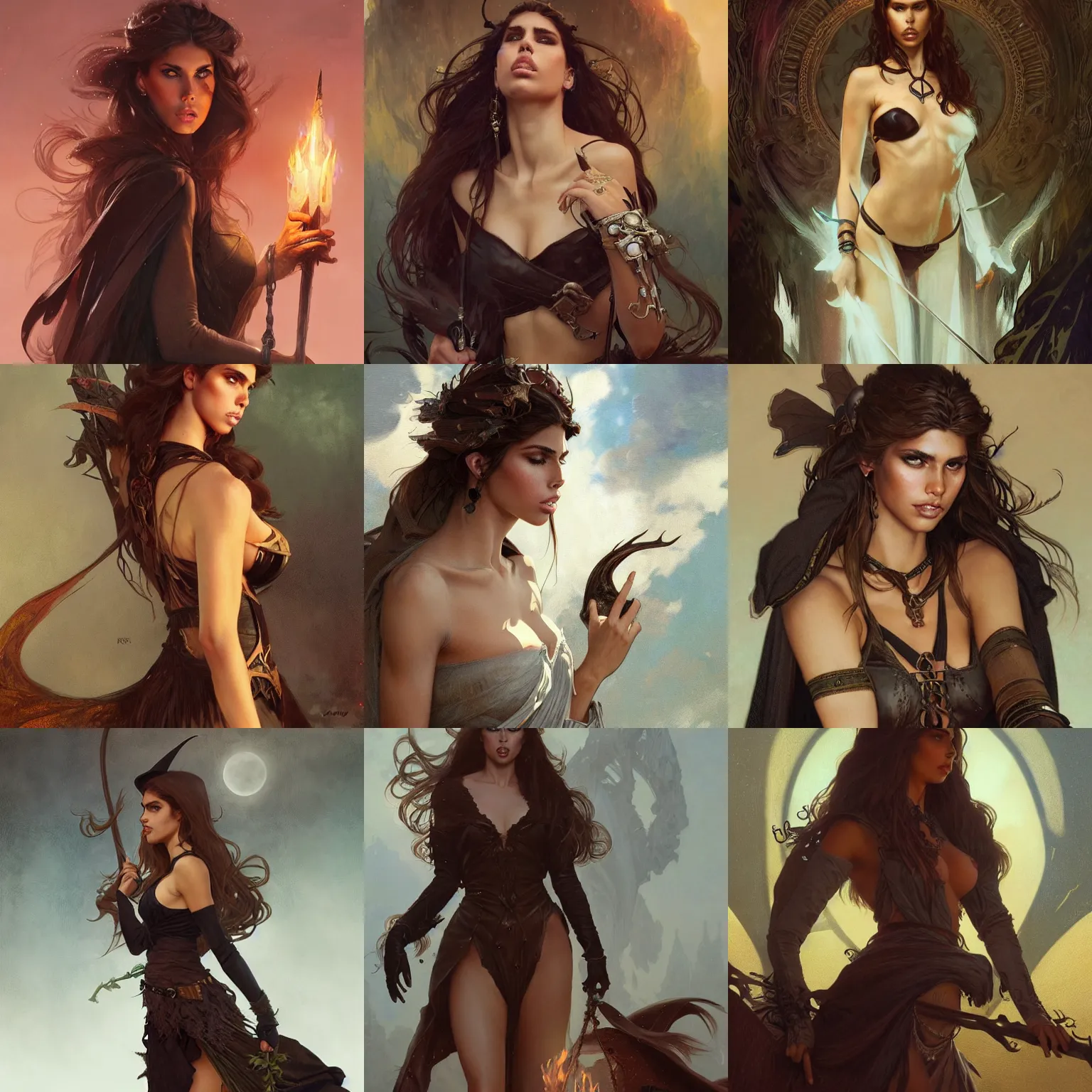 Image similar to kara del toro as a witch, gorgeous, leather, smooth, intricate, highly detailed, digital painting, artstation, concept art, sharp focus, illustration, art by greg rutkowski and alphonse mucha and even amundsen