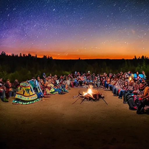 Prompt: native american indian pow wow at campfire under cosmic sky, epic award winning photographic still