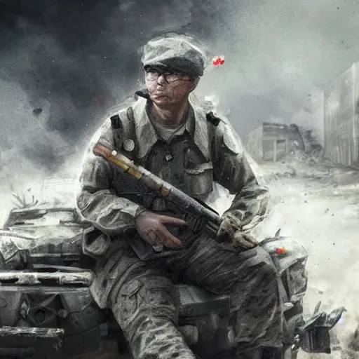 Prompt: A modern British PMC in gray uniform smoking a cigarette surrounded by destroyed enemy vehicles, by Feng Zhu, highly detailed, excellent composition, 2022, war photography, cinematic concept art, dramatic lighting, trending on ArtStation