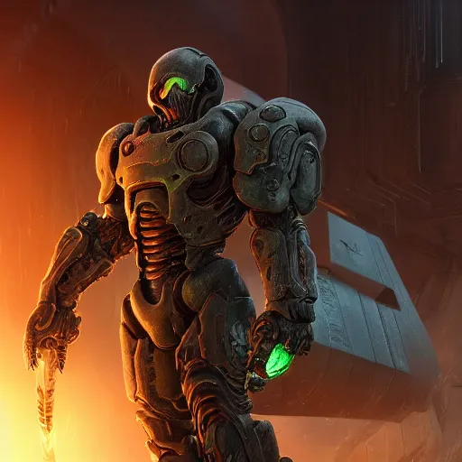 Prompt: doom armor, detailed, photorealistic, cold, iridescence, anime, highly detailed, sharp focus, concept art, octane render, electricity lightning, soft