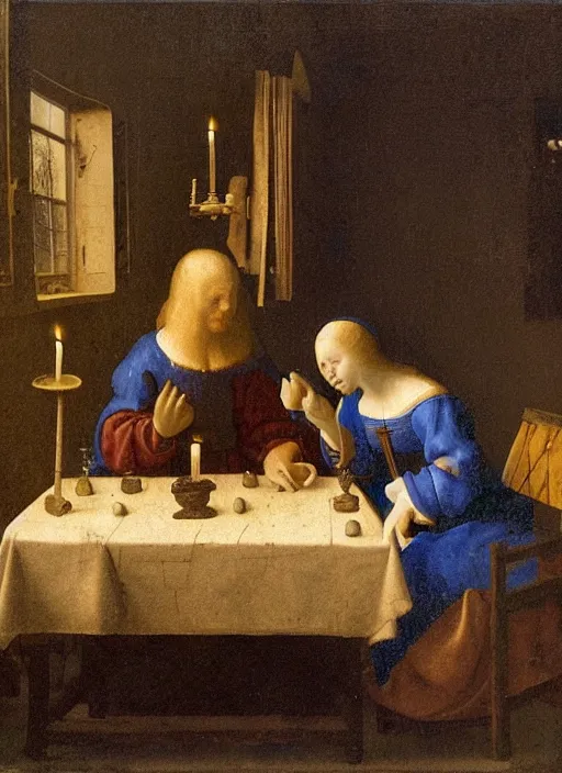 Image similar to a candlelit table at the inn, evening, dark room, two young people sitting at the table, swirling smoke, dark smoke, realistic, in the style of leonardo da vinci, dutch golden age, amsterdam, medieval painting by jan van eyck, johannes vermeer, florence