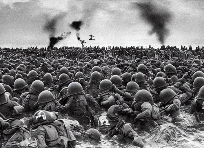 Image similar to minions storming the beaches of Normandy on d-day, world war 2 old photo, grainy