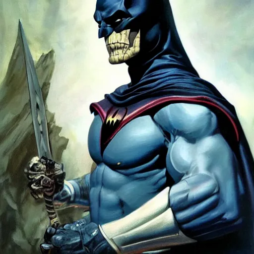 Image similar to ultra realistic portrait painting of skeletor as batman, art by frank frazetta, 4 k, ultra realistic, highly detailed, epic lighting