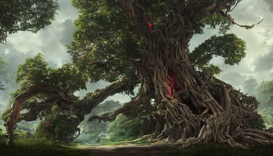 Image similar to ben lo illustration of colossal ash tree, bioshock concept art, solarpunk, colorful, unreal engine, hyper realism, realistic shading, cinematic composition, realistic render, octane render, detailed textures, photorealistic, wide shot