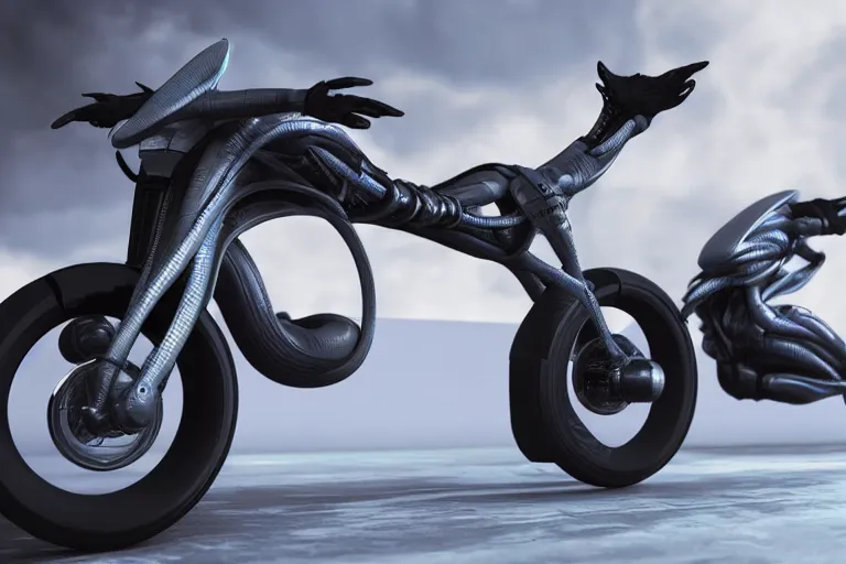 Prompt: cyberpunk alien concept inspired bike, futuristic look, highly detailed body, very powerful, photorealistic camera shot, bright studio setting, studio lighting, crisp quality and light reflections, unreal engine 5 quality render