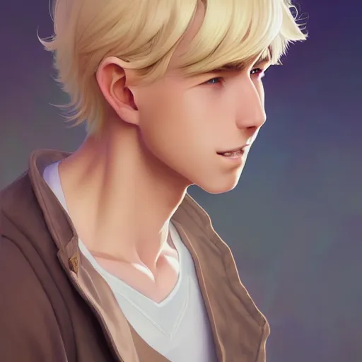 Image similar to young man with short, ash blond hair, path traced, highly detailed, high quality, digital painting, by don bluth and ross tran and studio ghibli and alphonse mucha, artgerm, 4 k, fantasy painting, pixar animation style, rossdraws, wlop, sylvain sarrailh