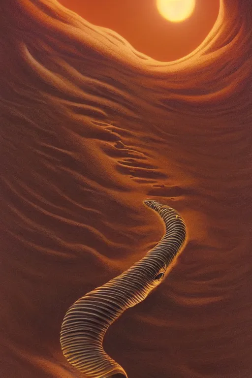 Image similar to a sandworm on arrakis, god emperor of dune, shai hulud, large desert worm by david a hardy, noriyoshi ohrai, gary ruddell, ( greg rutkowski ), salvador dali, moebius, makoto shinkai, highly detailed, cinematic composition, trending on artstation