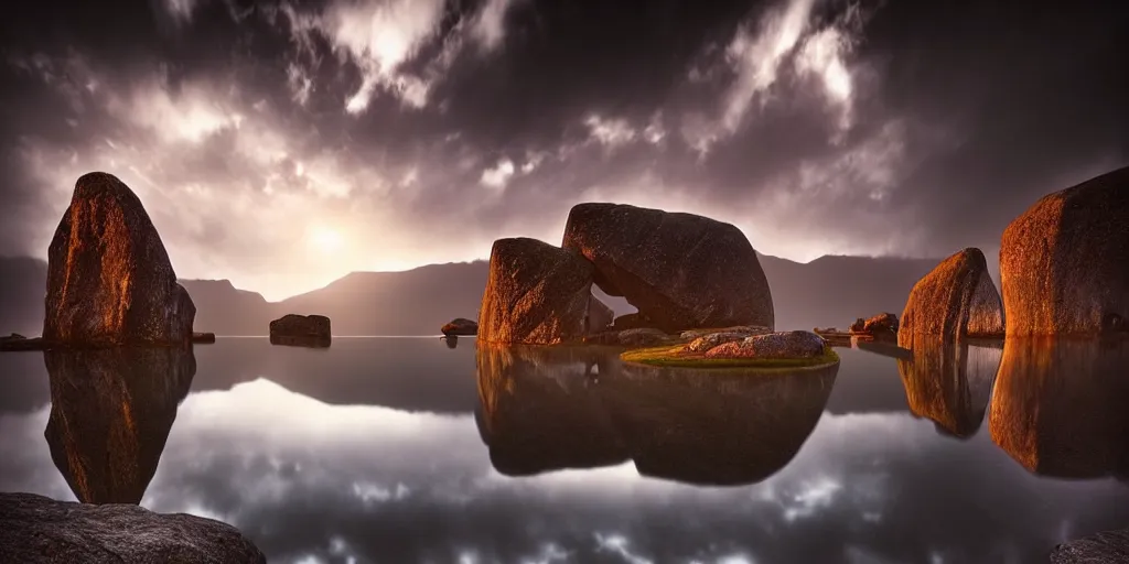 Image similar to amazing landscape photo of megalithic monolithic statue with lake at sunise by Marc Adamus beautiful dramatic lighting, surrealism