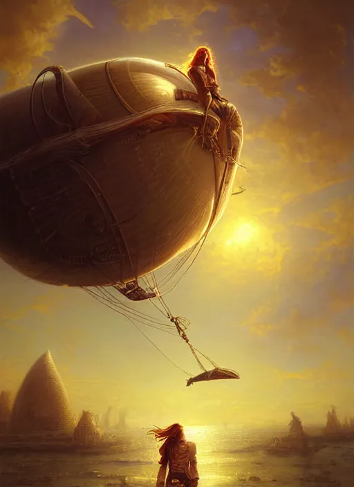 Image similar to portrait painting of a handsome face rugged long hair crimson hair male pirate, top half portrait soft hair steampunk ornate zeppelin blimp airship in the background sky sunset golden hour fantasy soft hair deviantart book cover art dramatic volumetric lighting art by stephan martiniere wlop greg rutkowski gaston bussiere