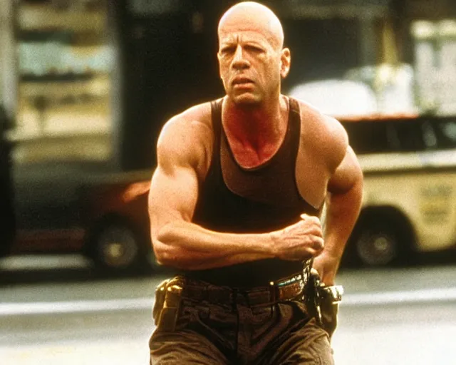 Image similar to film still of zooey channel as bruce willis in die hard
