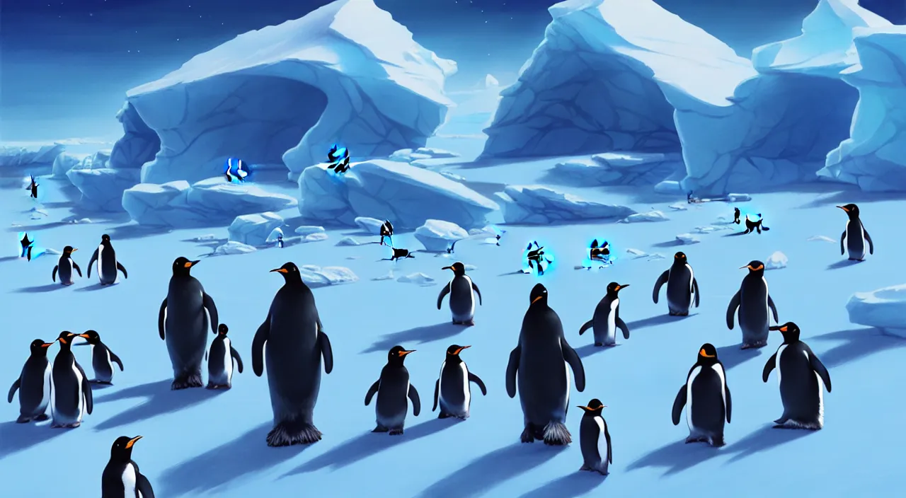 Image similar to incredible, mindblowing, man walking in antarctica with a family of penguins following, in marble incrusted of legends official fanart behance hd by jesper ejsing, by rhads, makoto shinkai and lois van baarle, ilya kuvshinov, rossdraws global illumination