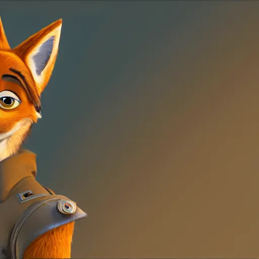 Image similar to portrait, 3 d render, anthropomorphic coyote male, wearing along brown leather jacket, in the style of zootopia, centered on face