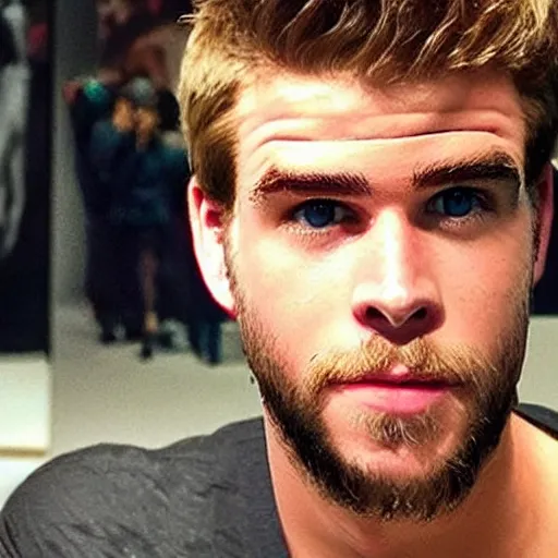 Image similar to “ a realistic detailed photo of a guy who is an attractive humanoid who is half robot and half humanoid, who is a male android, actor liam hemsworth, shiny skin, posing like a statue, blank stare, at the museum, on display ”