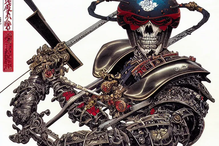 Prompt: portrait of a crazy skeletor samurai with japanese armor and helmet, by yoichi hatakenaka, masamune shirow, josan gonzales and dan mumford, ayami kojima, takato yamamoto, barclay shaw, karol bak, yukito kishiro