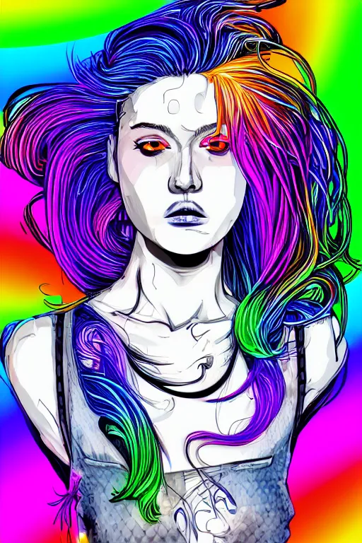 Prompt: a award winning half body portrait of a beautiful woman with stunning eyes in a croptop and cargo pants with rainbow colored hair blowing in the wind, outlined by whirling illuminated neon lines, outrun, vaporware, shaded flat illustration, digital art, trending on artstation, highly detailed, fine detail, intricate