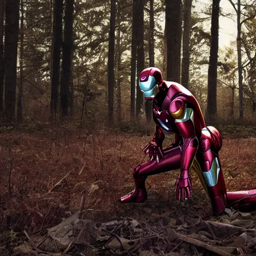 Prompt: rusty abandoned iron man suit in the middle of the forest, 4k realistic photo