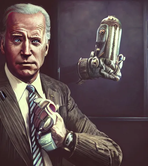 Image similar to portrait of joe biden cosplaying bioshock, by wlop, by simon stalengrad, bioshock screenshot, photorealistic fan art, gta 5, detailed shading, intricate abstract, steampunk