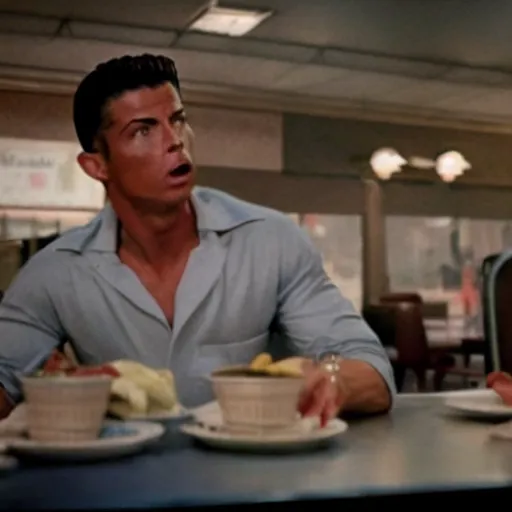 Image similar to movie still of the diner scene in the movie Heat, rendering of cristiano ronaldo as mccauley,