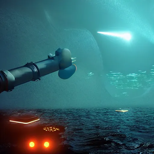 Prompt: robot submarine exploring the ocean floor with its searchlights on, movie scene, raytracing, stunning scene, beautiful lighting