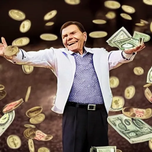 Image similar to kenneth copeland showering in money and coins while performing in church