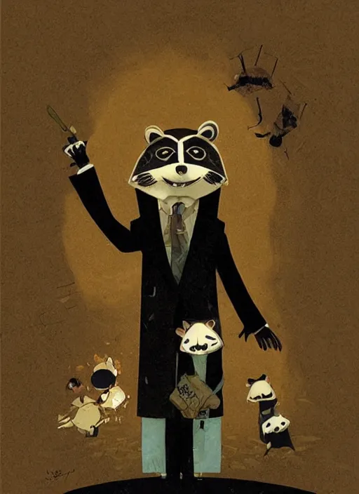 Image similar to a dramatic illustration portrait of an anthropomorphic raccoon mob boss, by victo ngai, by stephen gammell, by george ault, in the style of animal crossing, artstation