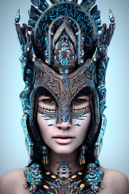 Image similar to a centered render of an alluring goddess wearing a tribal mask surrounded by a underwater ink pour and flowing liquid galium, perfect face, powerful, cinematic, beautifully lit, by leticia gillett, by viktoria gavrilenko, 3 d, trending on artstation, octane render, 8 k