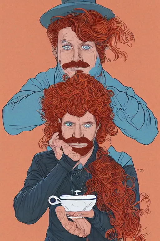 Image similar to 1 9 8 9 portrait of a red head man serving coffee. highly detailed masterpiece art by josan gonzalez.
