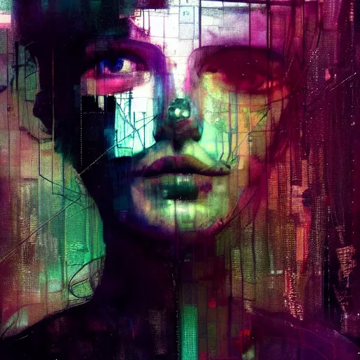 Image similar to portrait of a beautiful young woman cyber dreamer glitchcore wires, machines, by jeremy mann, francis bacon and agnes cecile, and dave mckean ink drips, paint smears, digital glitches glitchart