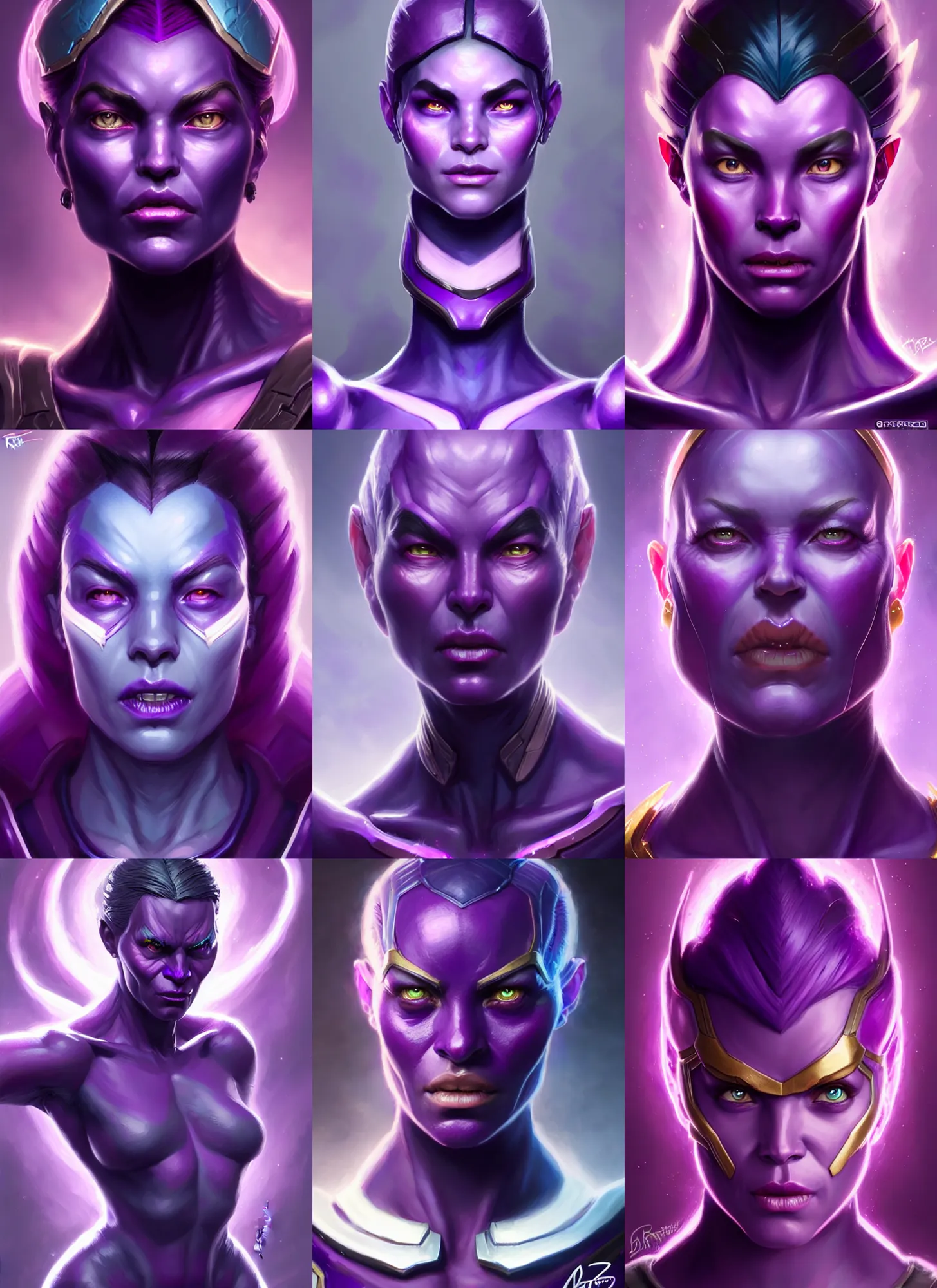 Prompt: a fantasy style portrait painting a character if nebula and thanos had a daughter, purple skin, powerful chin, nebula style traits, painting, unreal 5, daz., rpg, portrait, extremely detailed, artgerm greg rutkowski _ greg