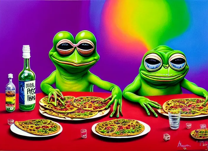 Prompt: hyper realistic detailed painting of a heavy tattooed pepe the frog family in punk clothes in mid 70s italian restaurant eating pepperoni bug pizza with roasted rainbow tungsten cube and sipping on a hopium with a dash of doom juice by Andrei Tarkovsky, Adrian Ghenie, Storm Thorgerson, and Beeple, semi naive, pastel colors, Hilma af Klint color palette, cinematic, very coherent symmetrical artwork, cinematic, hyper realism, high detail, 8k, last supper composition. Beksinski painting, part by Adrian Ghenie and Greg Hildebrandt. art by Ron Mueck. masterpiece