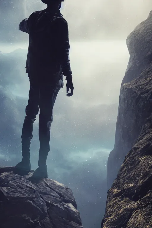 Image similar to a man stands looking over the edge of the known universe, dramatic lighting, cinematic, establishing shot, extremely high detail, foto realistic, cinematic lighting, post processed, concept art, high details, cinematic, 8k resolution, beautiful detailed, photorealistic, digital painting, artstation, concept art, smooth, sharp focus, artstation trending, octane render, unreal engine