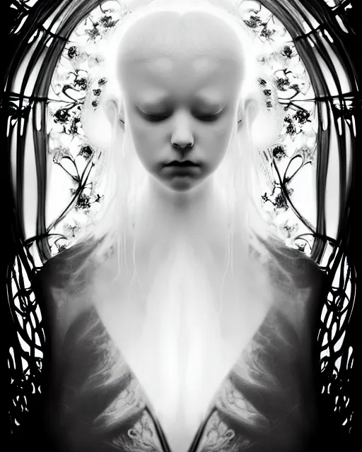 Prompt: dreamy foggy soft luminous bw art photo, beautiful young spiritual albino angelic cyborg biomechanical mandelbrot fractal porcelain profile face, very long neck, halo, white smoke atmosphere, rim light, big leaves and stems, fine foliage lace, alexander mcqueen, art nouveau fashion pearl embroidered collar, steampunk, elegant
