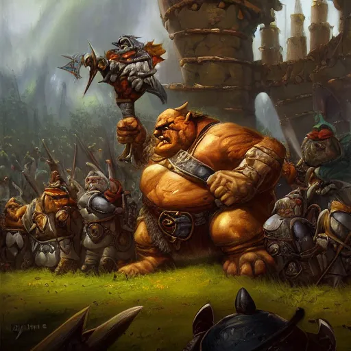 Prompt: battle of trolls orcs goblins dwarfs elves knights, oil painting by justin gerard, deviantart