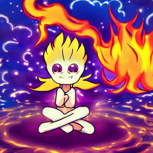 Image similar to fluffy popcorn elemental spirit anime character with a smiling face and flames for hair, sitting on a lotus flower, clean composition, symmetrical