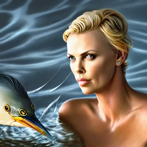 Prompt: nature photography of cherlize theron face fused with a heron fish ( ( charlize theron fish hybrid with charlize theron face ) ), charlize theron sentient fish face, by greg rutkowski