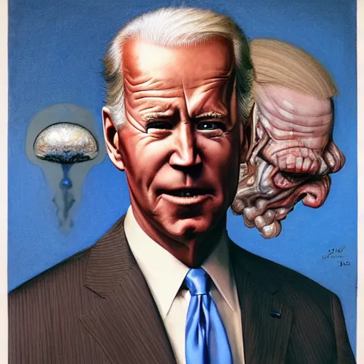 Image similar to terrifying, surreal portrait of joe biden with face sloughing off to reveal robot underneath l by j. c. leyendecker, bosch, william blake, stephen gammell, jon mcnaughton, and beksinski