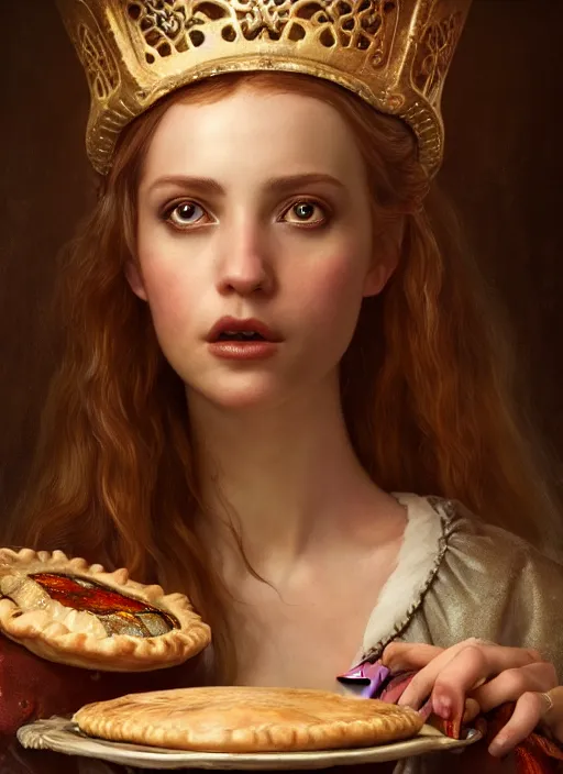 Image similar to highly detailed closeup portrait of a fairytale medieval princess eating meat pies, unreal engine, greg rutkowski, nicoletta ceccoli, mark ryden, earl norem, lostfish, global illumination, god rays, detailed and intricate environment