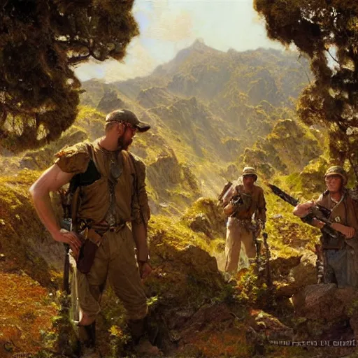 Prompt: 4 trekkers founding an hidden bunker highly detailed painting by gaston bussiere, craig mullins, j. c. leyendecker, 8 k, mid shot