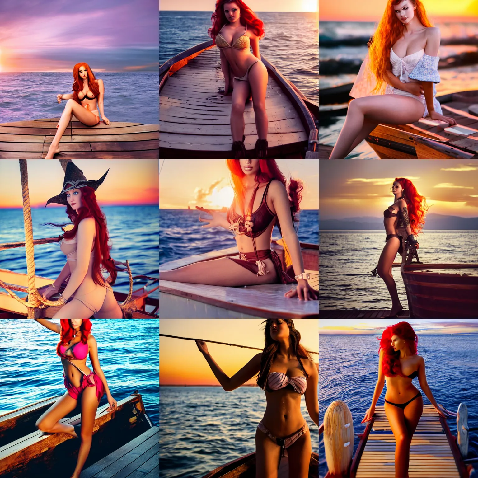 Prompt: photo of a gorgeous female model, looks like miss fortune in real life, posing on a wooden ship on the ocean at sunset
