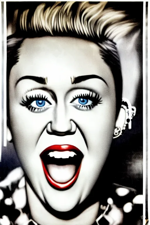 Image similar to propaganda poster, miley cyrus, close up, portrait, shouting