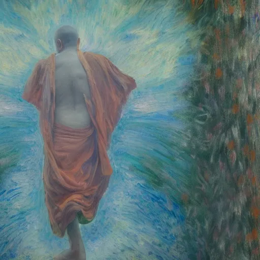 Prompt: an oil painting of consciousness becoming aware of itself as the formless ground of existence transcending the mundane appearance of a monk in flowing orange robes ultra high detail trending on artstation monet