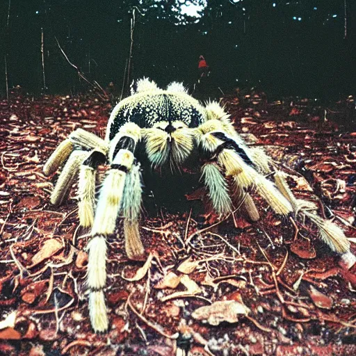 Prompt: a massive tarantula wearing timbs boots taken with a disposable camera