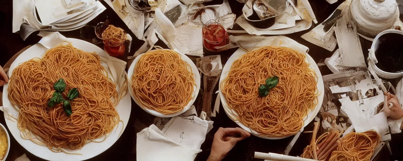 Image similar to famous moments in history that include spaghetti, small details, intricate, canon 5 0 mm, wes anderson film, kodachrome