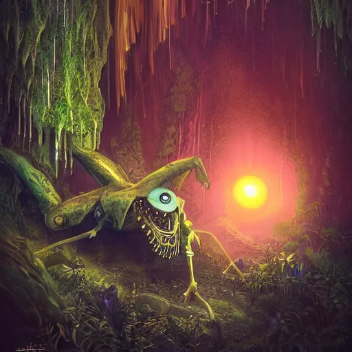 Image similar to gorgeous mechanical steampunk creature with humanlike form and two eyes looking eerily into a cave entrance with lush vegetation and mystical (((glowing algae))) in the sunset, desaturated, creepy ambiance, dangerous, sharp focus, highly detailed, artgerm