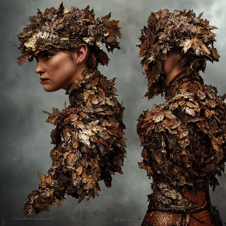 Image similar to rusted tintype portrait of realistic armour made of leaves, seen from behind dramatic light, dystopian environment, intricate, elegant, highly detailed, centered headdress, artstation, sharp focus, artgerm, tomasz alen kopera, peter mohrbacher, donato giancola, joseph christian leyendecker, wlop, boris vallejo, frank frazetta