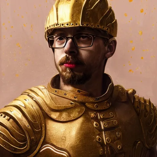 Prompt: Sam Hyde as a Roman warrior wearing gold and red armor, elegant suit, looking at bloody fist, portrait art by James Jean, highly detailed, digital painting, concept art, illustration, dim lighting with twilight rays of sunlight, trending on artstation, very detailed, smooth, sharp focus, octane render, close up